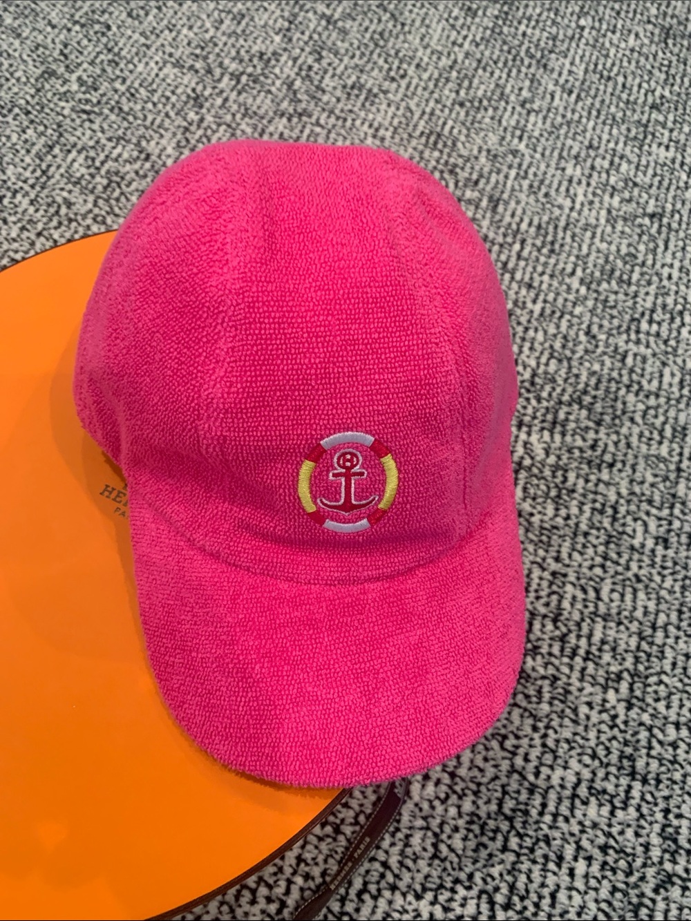 Hermes. LadiesPink Terry Cloth Cap with Anchor Emblem. Comes w box. New!!